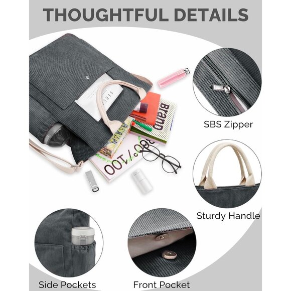 Prite Women Grey Corduroy Large Hobo Shoulder Crossbody Tote Bag With Pockets - Picture 5 of 6